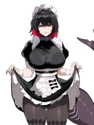 1girls big_breasts black_hair busty clothed colored dark_hair dress dress_shirt ellen_joe female female_only fish_tail fully_clothed hoyoverse huge_breasts large_breasts light-skinned_female light_skin maid maid_apron maid_headdress maid_outfit maid_uniform masoq095 mihoyo multicolored_hair red_eyes red_hair shark_girl shark_tail tail thick thick_ass thick_thighs thighs victoria_housekeeping zenless_zone_zero