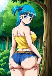 ai_generated back_view big_ass big_breasts blue_eyes blue_hair bulma_briefs civitai denim_shorts dragon_ball dragon_ball_z large_breasts shorts tube_top tubetop