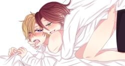 2boys anal anal_sex anal_sex artist_request blue_eyes blush blush clothed diabolik_lovers drool duo fingers_in_mouth from_behind from_behind_position gay green_eyes mukami_kou open_mouth red_hair sakamaki_laito saliva shirt tongue tongue_out white_background white_shirt yaoi yellow_hair