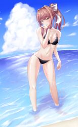 1girls absurd_res artist_request bangs beach belly bikini blush brown_hair clouds doki_doki_literature_club embarrassed female green_eyes hair_ribbon hi_res hips hourglass_figure legs light-skinned_female light_skin long_hair long_legs looking_at_viewer medium_breasts monika_(doki_doki_literature_club) navel outside pinup ponytail pose ribbon sand shy sky slim_waist solo standing straight_hair swimsuit thighs tied_hair water wide_hips