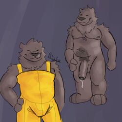 brown_body brown_fur clothing fluffy fur genitals hi_res male mammal mustelid nude otter palister35 penis solo yellow_clothing