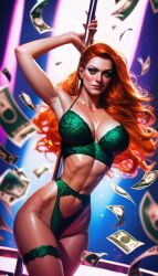 ai_generated cash lingerie meera money money_in_cleavage pole_dancing red_hair red_hair slutty_outfit stripclub stripper stripper_pole