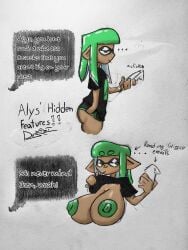 alys_(dus) big_ass big_breasts big_nipples dialogue dialogue_box dus duskizi flashing_breasts flat_chest green_eyes green_hair hammerspace inkling inkling_girl nintendo original original_character phone shirt shirt_lift shorts solo solo_female splatoon text