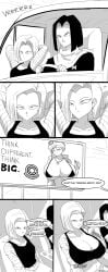 1girls android_17 android_18 big_breasts breasts brother_and_sister bulma_briefs comic cyborg cyborg_boy cyborg_girl dragon_ball dragon_ball_z emmarrgus exposed_midriff height_growth height_increase huge_breasts larger_female light-skinned_female light_skin micro_bikini_top midriff short_hair smaller_male twins