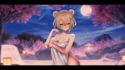 1girls animal_ears animated blue_hair breasts brown_eyes brown_hair cleavage colored_inner_hair completely_nude_female covering_breasts hazumi_aileen large_breasts light-skinned_female light_skin looking_at_viewer naked_female naked_towel onsen outdoors shorter_than_10_seconds solo tagme towel video virtual_youtuber