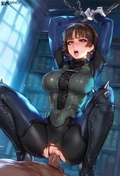 1boy 1boy1girl 1girls ai_generated arms_up background big_breasts blush blushing_female brown_hair chained chained_up chained_wrists clothed dark-skinned_male dark_skin exposed_pussy female female_focus interracial laced_corset large_breasts library light-skinned_female light_skin makoto_niijima male no_panties perfect_body persona persona_5 pussy pussy_exposed pussy_juice pussy_peek raered short_brown_hair short_hair squatting squatting_cowgirl_position sweat thick_thighs thighs tight_bodysuit tight_clothes tight_clothing vagina vaginal_insertion vaginal_penetration vaginal_sex