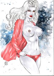 1girls 2018 abstract_background belly_button big_breasts breasts busty censored chaos_comics curvaceous curvy dated demon_girl demoness ed_benes_studio eyeshadow female female_only goddess grey_skin lady_death lanio_sena large_breasts long_hair makeup mascara midriff navel nipples no_bra no_bra_under_clothes open_shirt orange_eyes orange_sclera panties panty_grab pink_nipples pink_panties pink_shirt pinup pointless_censoring queen_of_the_dead red_lips red_lipstick robes signature solo star_censor stomach thighs voluptuous white_hair