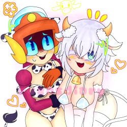 1cuntboy 1female bikini brawl_stars cow_ears cow_horns cow_print crossover cuntboy larry_(brawl_stars) male_with_breasts project_qt rule_63 ruzasdiary tashia_(project_qt)