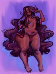 brown_hair chubby dark-skinned_femboy dark-skinned_male dark_skin ditsiibug feet femboy flaccid long_hair male mole mole_under_mouth penis robe sissy thick_thighs