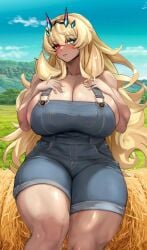 1girls 2024 bare_shoulders barghest_(gawain)_(fate) blonde_hair blush blush_lines breasts_bigger_than_head cleavage clothed clothed_female clothing fate/grand_order fate_(series) female female_only green_eyes hay_bale heterochromia huge_breasts light-skinned_female light_skin light_skinned_female long_hair muscular muscular_arms muscular_female muscular_legs overalls overalls_only raskasar red_eye sitting sitting_on_hay_bale solo solo_female thick_thighs voluptuous voluptuous_female wide_hips