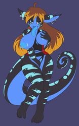 anthro big_breasts blonde_hair blue_eyes breasts chameleon clothing ear_piercing female hair lizard looking_at_viewer nipple_piercing nipples open_mouth piercing quesi reptile scalie simple_background slimefur smile solo standing stripes swimsuit tongue