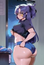 1girls ai_generated big_ass huge_ass looking_back night purple_hair sweat thiccwithaq_(ai_style) thick_ass thick_thighs undressing yuuka_(blue_archive) yuuka_(gym_uniform)_(blue_archive)