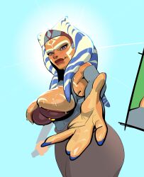 1girls ahsoka_tano alien_girl alternate_breast_size big_breasts blue_nails female female_only long_nails lucasfilm pov solo star_wars sweaty_breasts whiteflagman