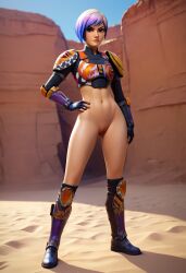 1girls ai_generated beach mandalorian_armor outdoors outside pussy sabine_wren solo solo_focus standing star_wars star_wars_rebels