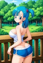 ai_generated back_view big_ass big_breasts blue_eyes blue_hair bulma_briefs civitai dolphin_shorts dragon_ball dragon_ball_z large_breasts shorts tube_top tubetop