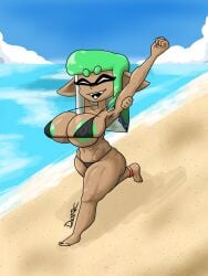 alys_(krakenfever) areola_slip areolae areolae_peeking beach big_breasts big_nipples bikini bikini_bottom bikini_top duskizi female_only huge_breasts inkling inkling_girl krakenfever nintendo original original_character running solo solo_female splatoon