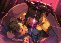 2girls ass black_hair blood blood_on_face blunt_bangs bracelet bun_cover capcom chinese_clothes chun-li clenched_teeth commentary defeat double_bun drill_hair duplicate english_commentary evil_smile fingerless_gloves gloves glowing glowing_eye glowing_eyes hair_bun hide_(hideout) highres holding_another's_wrist jewelry juri_han juri_han lens_flare licking_lips looking_at_another looking_at_viewer lying multicolored_hair multiple_girls on_back one_eye_closed pantyhose pink_eyes pink_hair pink_nails pinned purple_eyes revision smile spiked_bracelet spikes streaked_hair street_fighter street_fighter_iv_(series) swept_bangs teeth tongue tongue_out top-down_bottom-up twin_drills two-tone_hair you_gonna_get_raped yuri