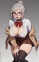 ai_generated glasses grey_hair huge_breasts nipples powwyarts prison_school school_uniform see-through shiraki_meiko thighhighs white_hair