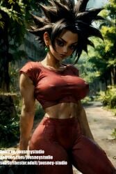 abs ai-created ai_generated black_eyes black_hair blue_eyes breasts closed_mouth clothing crop_top cropped_shirt day dragon_ball dragon_ball_super earrings female female_only jewelry jousneystudio kefla kefla_(dragon_ball) large_breasts looking_at_viewer midriff muscle navel nipples outdoors pants patreon_logo patreon_username red_shirt saiyan shirt short_hair short_sleeves solo standing tree watermark web_address