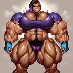 ai_generated belly_button breasts hairy hairy_breasts huge_breasts muscles muscular muscular_female overwatch overwatch_2 pubic_hair purple_fingernails purple_lipstick shadowains sombra sweaty