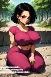 ai-created ai_generated areolae black_eyes black_hair blue_sky blush breasts closed_mouth clothing covered_erect_nipples crop_top cropped_shirt curvaceous day dragon_ball dragon_ball_super dragon_ball_z earrings english_text erect_nipples female female_only full_body grass huge_breasts jewelry jousneystudio kefla kneeling large_breasts lips looking_at_viewer mature_female midriff navel nipples original outdoors pants patreon_logo patreon_username pink_shirt purple_shirt rock seiza shadow shirt short_hair short_sleeves sitting sky solo stable_diffusion taut_clothes taut_shirt thick_thighs thighs tree watermark web_address wide_hips