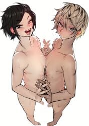 2boys 2n5 blonde_hair dark-skinned_femboy dark-skinned_male dark_hair femboy holding_hands light-skinned_femboy light-skinned_male nipples nipples_touching smile tagme