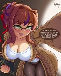 1female 1girls breasts cleavage doki_doki_literature_club english_text facewear female female_focus female_only first_porn_of_character glasses green_eyes latitude_art latnemis long_hair monika_(doki_doki_literature_club) mouth_open multicolored_hair open_mouth seductive seductive_look solo solo_female solo_focus speech_bubble storyteller_monika_(doki_doki_literature_club) text text_bubble thighs