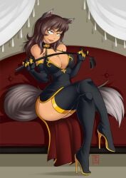 1girls black_dress blunt_katana breasts brown_hair choker couch crossed_legs dominatrix dress elbow_gloves fox_ears fox_girl fox_tail gloves green_eyes high_heels holding_riding_crop holding_whip large_breasts long_hair looking_at_viewer original riding_crop sitting_on_couch thighhighs whip