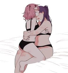 2girls arm_scar black_bra black_panties clenched_teeth closed_eyes cuddling cute cuts doki_doki_literature_club embrace embracing female female/female female_only grinding hug human multiple_girls natsuki_(doki_doki_literature_club) open_mouth pink_hair pockiseisont purple_hair scar slightly_chubby slightly_chubby_female tagme thick_thighs thighs tummy underwear yuri yuri_(doki_doki_literature_club)