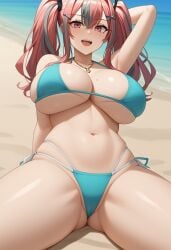 ai_generated ailucius777 azur_lane beach bikini bremerton_(azur_lane) female large_breasts light_skin necklace pink_eyes pink_hair smiling twintails