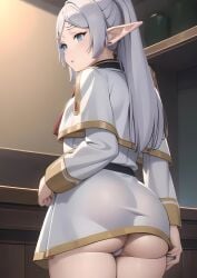 1girls ai_generated ass back_view big_ass big_butt big_buttocks black_belt blue_eyes buttocks elf elf_ears embarrassed female female_only frieren frieren_beyond_journey&#039;s_end house solo sousou_no_frieren standing transparent transparent_clothing white_cape white_clothing white_hair white_panties white_skirt