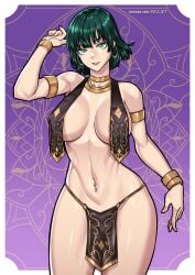 1girls bare_arms bare_legs bare_shoulders bare_thighs big_breasts blush clothed clothing collar color dancer_outfit female female_focus female_only fubuki_(one-punch_man) green_eyes green_hair hi_res jewelry large_breasts light-skinned_female light_skin looking_at_viewer no_bra one-punch_man redjet short_hair solo solo_female tagme thick_thighs
