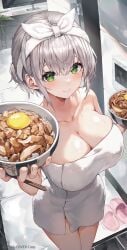 bare_shoulders bow_hairband bowl breasts chopsticks cleavage closed_mouth collarbone cowboy_shot egg female food green_eyes grey_hair hairband highres holding holding_bowl holding_food hololive indoors large_breasts looking_at_viewer myung_yi naked_towel official_art shirogane_noel short_hair sidelocks smile solo thighs towel virtual_youtuber wet wet_hair white_hairband white_towel