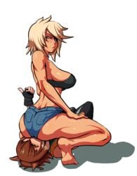 2girls angry animal_ears ass blazblue blonde_hair boxman brown_eyes brown_hair bullet_(blazblue) denim_shorts facesitting female female_only gloves high_resolution huge_ass leggings makoto_nanaya multiple_girls muscle muscular_female scar short_hair squatting squirrel_ears thumbs_up transparent_background yuri