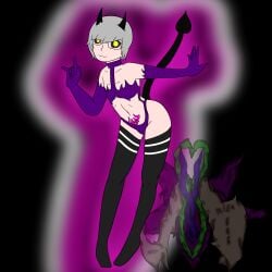 axel_(skelestrider) crossdressing demon demon_horns demon_tail digital_media_(artwork) femboy glowing_eyes glowing_tattoo grey_hair lingerie male male_only original_character pubic_tattoo skia_draws solo solo_femboy solo_male stockings striped_legwear striped_thighhighs succubus thighhighs yellow_eyes