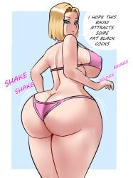 1girl android_18 ass ass_focus back back_view big_boobs big_breasts bikini blackedpawg18 blue_eyes boobs bounce bouncing_ass cuckold dat_ass dragon_ball dragon_ball_super dragon_ball_z english english_text exhibitionism fat_ass female female_focus female_only hips huge_ass huge_breasts interracial large_breasts light-skinned_female light_skin netorare nipples nipples_visible_through_bikini nipples_visible_through_clothing ntr pink_bikini pink_bikini_bottom pink_bikini_top pinup raceplay shake shaking_ass shaking_butt speech_bubble text_bubble thick thick_ass thick_hips thick_legs thick_thighs white_and_blue_background white_background wide_hips
