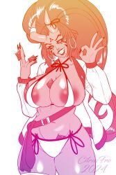 1girls areolae big_breasts black_sclera citrusfro condom condom_between_breasts condom_in_clothes demon demon_girl demon_horns female female_only hi_res high_ponytail holding_condom horns long_hair looking_at_viewer ok_sign ponytail sharp_fingernails sketch skimpy skimpy_clothes slit_pupils smiling smiling_at_viewer solo sonja_(d3monone) teeth_showing thick_thighs voluptuous voluptuous_female white_background