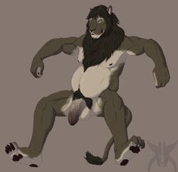 2016 4_toes 5_fingers anthro balls brown_background feline foreskin front_view geix green_eyes half-erect hi_res humanoid_penis kurin lion lounging male male_only mammal navel nipples nude pawpads penis portraits simple_background sitting solo toes uncut