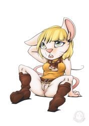 absurd_res alternate_species anthro anus ashley_graham_(resident_evil) belt boots bottomless bottomwear capcom clothed clothing female genitals hi_res mammal mouse moushley murid murine mysticalpha pussy resident_evil rodent simple_background sleeveless_sweater solo white_background