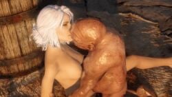 3d breasts cavalorn13 ciri closed_eyes completely_nude female kissing light-skinned_female monster nipples nude the_witcher_(series) the_witcher_3:_wild_hunt white_hair