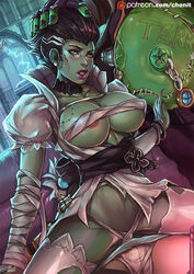 1girls 2boys alternate_color areola areola_slip big_breasts breasts bride_sombra cleavage dr_junkenstein female goggles green_skin junkenstein's_monster junkrat kachima large_breasts looking_at_viewer overwatch roadhog solo_focus sombra spread_legs text thighhighs underboob unseen_male_face url watermark