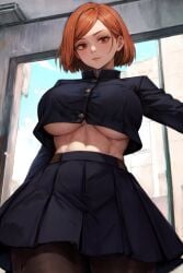 1girls ai_generated big_breasts breasts brown_hair button_down_shirt female female_only from_below huge_breasts jujutsu_kaisen jujutsu_tech_uniform kugisaki_nobara large_breasts leggings looking_at_viewer midriff navel orange_hair pleated_skirt school_uniform short_hair skirt smile smirk solo solo_female stable_diffusion stockings tampopo toned toned_female undersized_clothes uniform