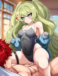 1boy abs absurdres black_one-piece_swimsuit blue_jacket blue_sky breasts captain_(honkai_impact) censored closed_mouth clothed_female_nude_male clothing_aside covered_navel cowgirl_position english_commentary female green_eyes green_hair heart highres honkai_(series) honkai_impact_3rd jacket long_hair long_sleeves medium_breasts mobius_(honkai_impact) mosaic_censoring muscular muscular_male nude one-piece_swimsuit open_clothes open_jacket penis pussy red_hair sex sky slash-ex smile spiked_hair straddling straight swimsuit swimsuit_aside thigh_strap wavy_hair