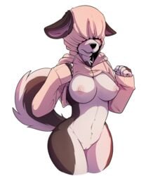 anthro big_breasts blush breasts canine canine claws clothed clothing curtain_doggo_(photonoko) female fur hi_res huge_breasts livinthelife0friley mammal meme nipples nude open_mouth pussy shy simple_background solo sweater twitter_hoodie