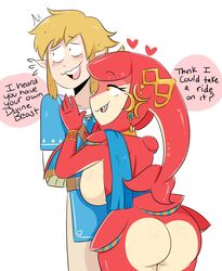 1boy 1girls ass blush breasts breath_of_the_wild busty champion's_tunic dat_ass hylian interspecies jinu link link_(breath_of_the_wild) mipha pointy_ears the_legend_of_zelda voluptuous zora