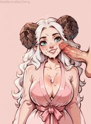 adorable ai_generated big_breasts black_horns breasts cum cum_on_breasts cum_on_face cute ejaculation gabriella_goddessagallery horn horns large_breasts long_hair negligee original original_artwork original_character original_characters pale-skinned_female pale_skin penis penis_on_cheek penis_on_face pink_background ram_horn ram_horns robe robes smile white_hair