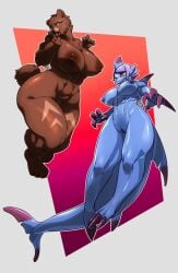 abs anthro areola bear big_breasts blue_areola blue_body blue_nipples blue_scales breasts brown_body brown_fur claws cotton_tail duo ear_piercing eyelashes female fish fish_tail fumao_jhaipei fur genitals green_eyes grey_background grey_eyes head_tuft hi_res huge_breasts inverted_nipples leg_markings looking_at_viewer mammal marine markings navel nipple_piercing nipples nude open_mouth piercing pink_background pupils purple_body purple_claws purple_fur pussy red_background scales shark sharp_teeth simple_background slit_pupils smile teeth thick_thighs tuft wide_hips