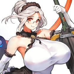 bare_shoulders breasts_bigger_than_head color dress elbow_gloves female female_focus female_only forehead game_cg glasses hair_bun huge_breasts kakiman labiata_(last_origin) labiata_prototype_(last_origin) last_origin looking_at_viewer maid_headdress medium_hair nipple_bulge plump red_eyes single_hair_bun sleeveless sleeveless_dress smile smiling smiling_at_viewer transparent_background weapon white_dress white_hair