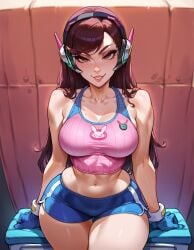 1girls 2024 2d ai_generated asian asian_female blue_shorts brinkai brown_eyes brown_hair d.va gloves jpeg light-skinned_female light_skin looking_at_viewer overwatch overwatch_2 smile smirk solo sports_shorts tank_top thick_thighs thunder_thighs wide_hips