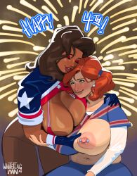 4th_of_july american_flag_shirt blush bra breasts british_flag brown_hair dark_skin earrings eyeshadow fireworks gloves green_eyes groping_breasts hug huge_breasts nipple_piercing red_hair shirt_lift smile tanline whiteflagman